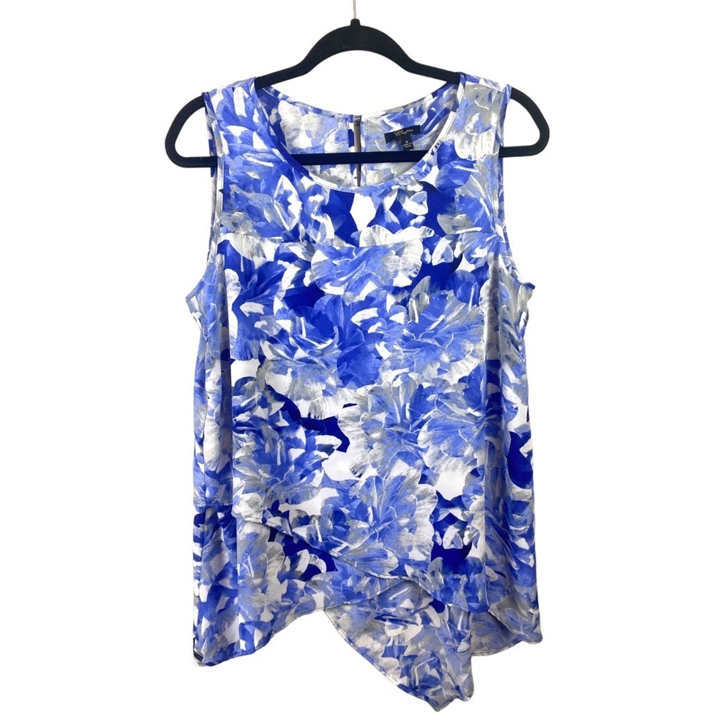 Cupio Blue White Floral Sleeveless Layered Asymmetrical Keyhole Blouse Sz Medium